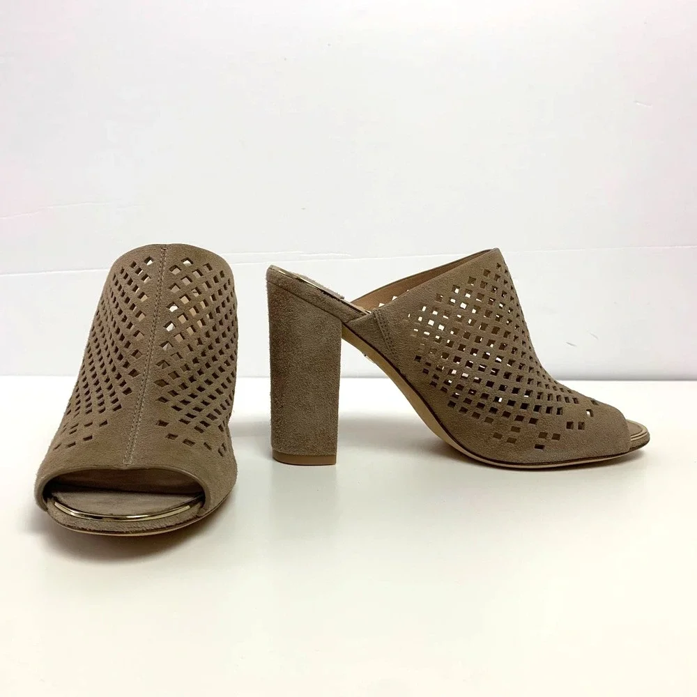 New Diane von Furstenberg Taviano Laser Cut Suede Leather Mule Sandals 6.5 Taupe